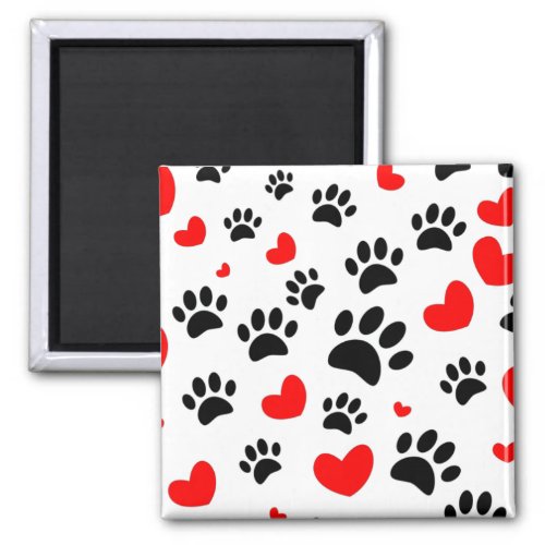 Random Dog Paw Prints And Red Hearts Magnet