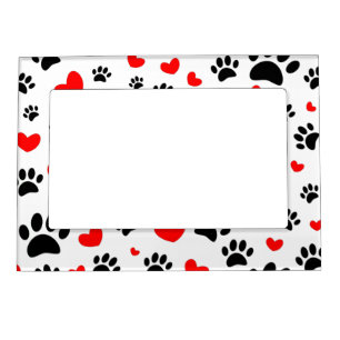 Random Dog Paw Prints And Red Hearts Magnetic Frame