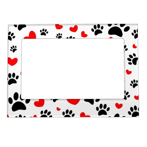 Random Dog Paw Prints And Red Hearts Magnetic Frame