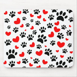 Random Dog Paw Prints And Red Hearts Mouse Pad