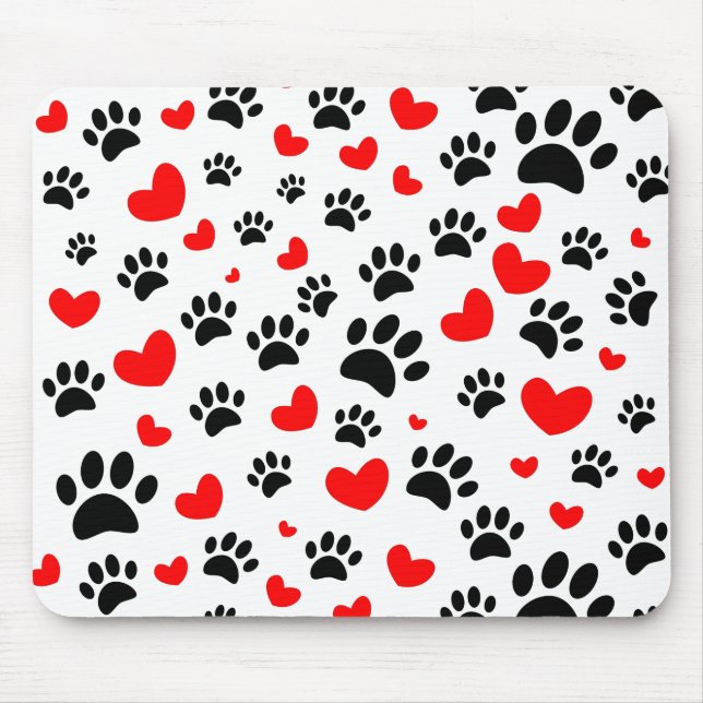 Random Dog Paw Prints And Red Hearts Mouse Pad (Front)