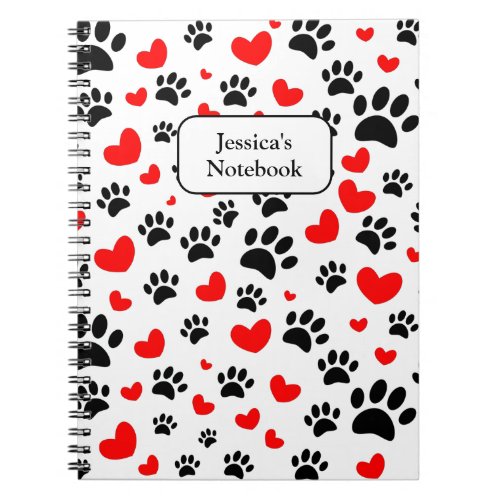 Random Dog Paw Prints And Red Hearts Notebook