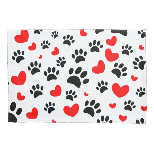 Random Dog Paw Prints And Red Hearts Pillow Case