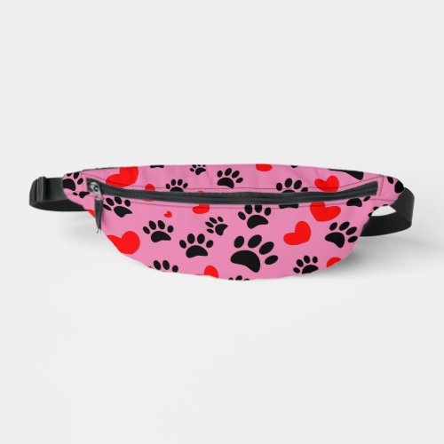 Random Dog Paw Prints And Red Hearts Pink Fanny Pack