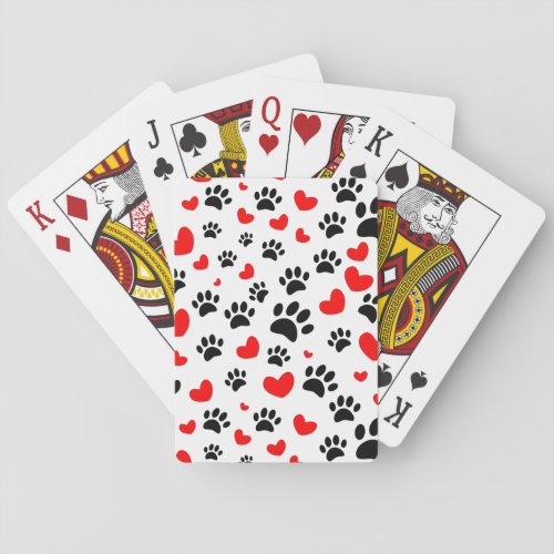 Random Dog Paw Prints And Red Hearts Poker Cards
