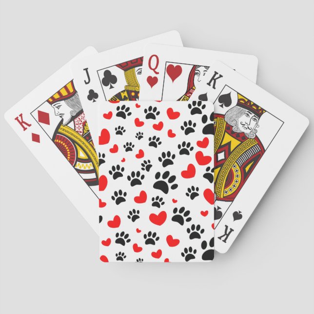 Random Dog Paw Prints And Red Hearts Poker Cards (Back)