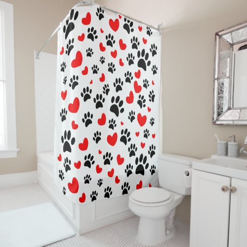 Random Dog Paw Prints And Red Hearts Shower Curtain