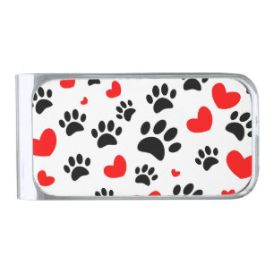 Random Dog Paw Prints And Red Hearts Silver Finish Money Clip