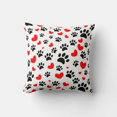 Random Dog Paw Prints And Red Hearts Throw Pillow