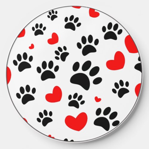 Random Dog Paw Prints And Red Hearts Wireless Charger