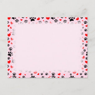 Random Dog Paw Prints Red Hearts Border Light Pink Postcard