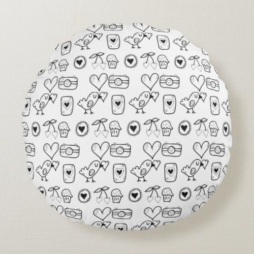Random Doodles Birds Hearts and Cherry Pattern Round Pillow