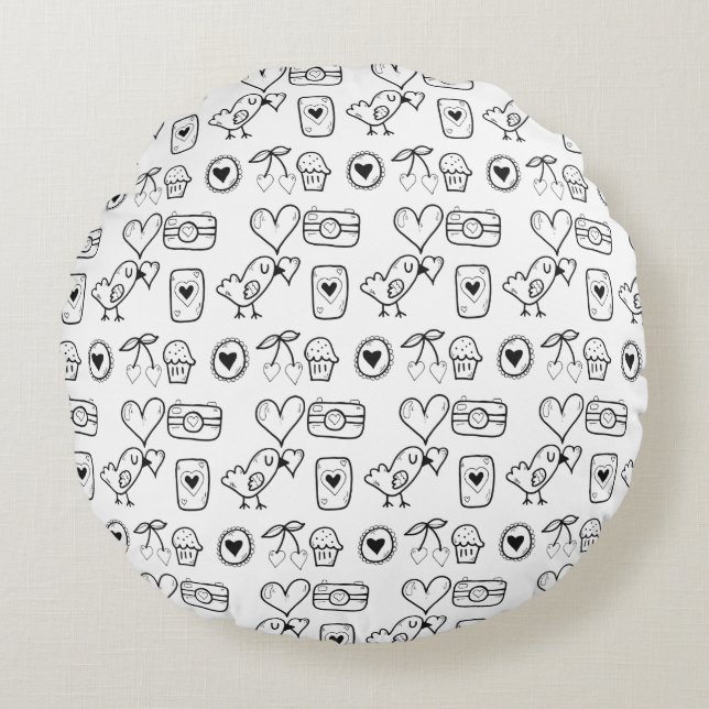 Random Doodles Birds, Hearts and Cherry Pattern Round Pillow (Front)