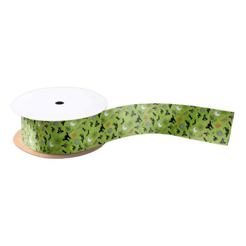 Random Halloween Iconic Pattern Green BG Satin Ribbon