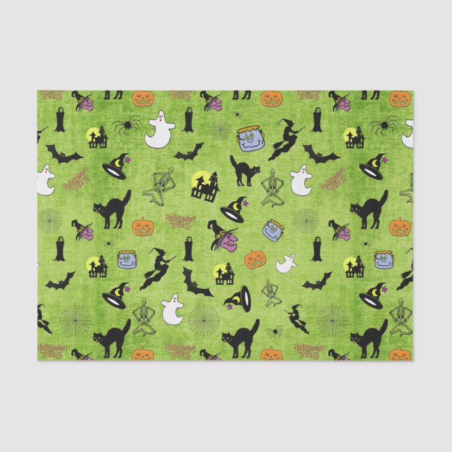 Random Halloween Iconic Pattern Green BG Tissue Paper (Front)