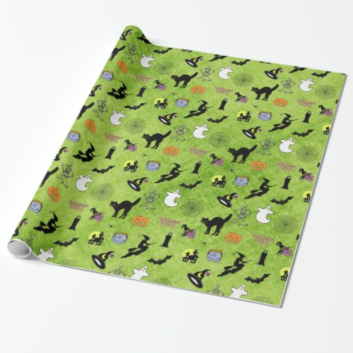 Random Halloween Iconic Pattern Green Wrapping Paper