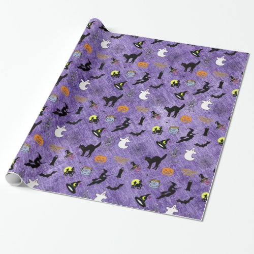 Random Halloween Iconic Pattern Purple Wrapping Paper