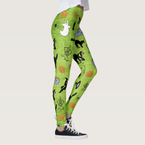 Random Halloween Pattern Green BG Holiday Design Leggings