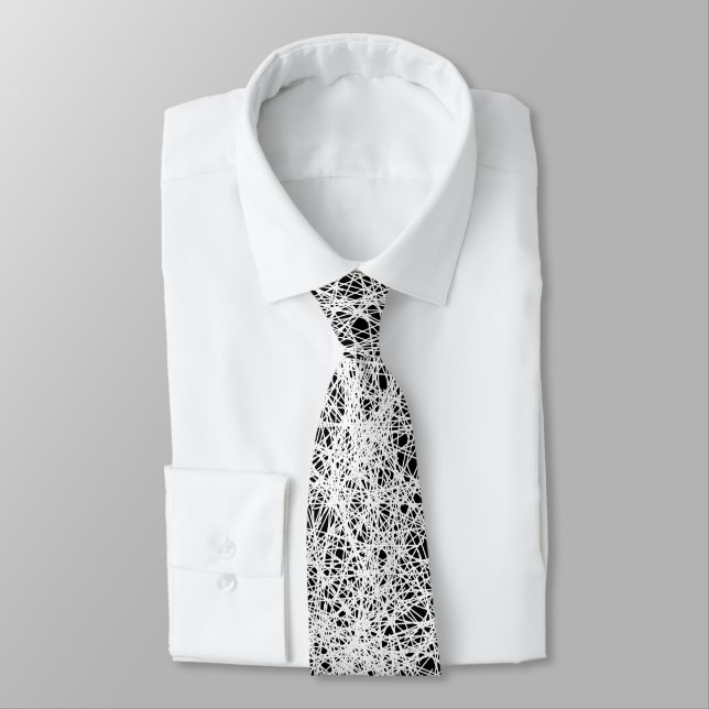 Random lines - White on Black Neck Tie (Tied)