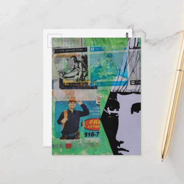 Random Mixed Media Collage Working Men and a Face Postcard (Front/Back In Situ)
