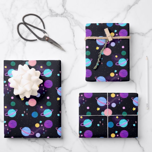 Random Painted Planets Stars Suns Astrology Wrapping Paper Sheets (Front)