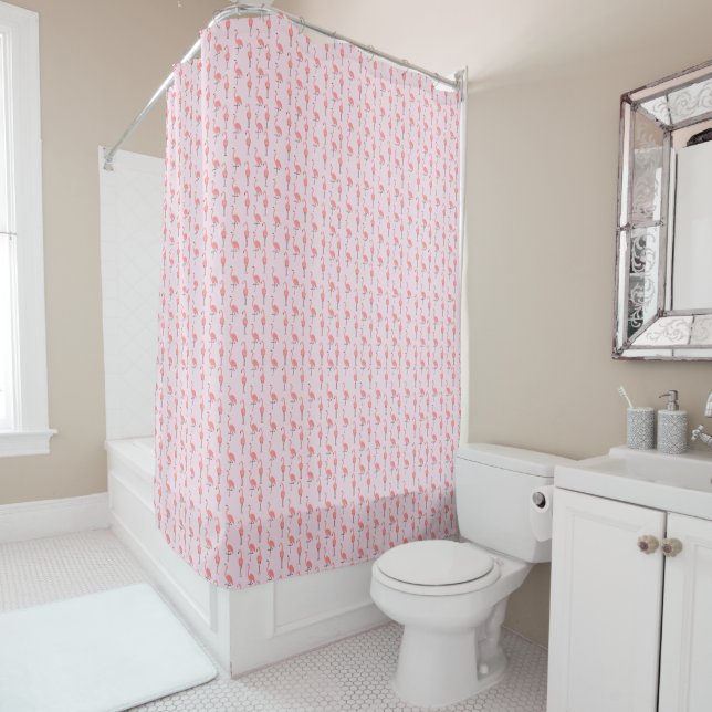 Random Pink Flamingo Bird Pattern Shower Curtain (In Situ)