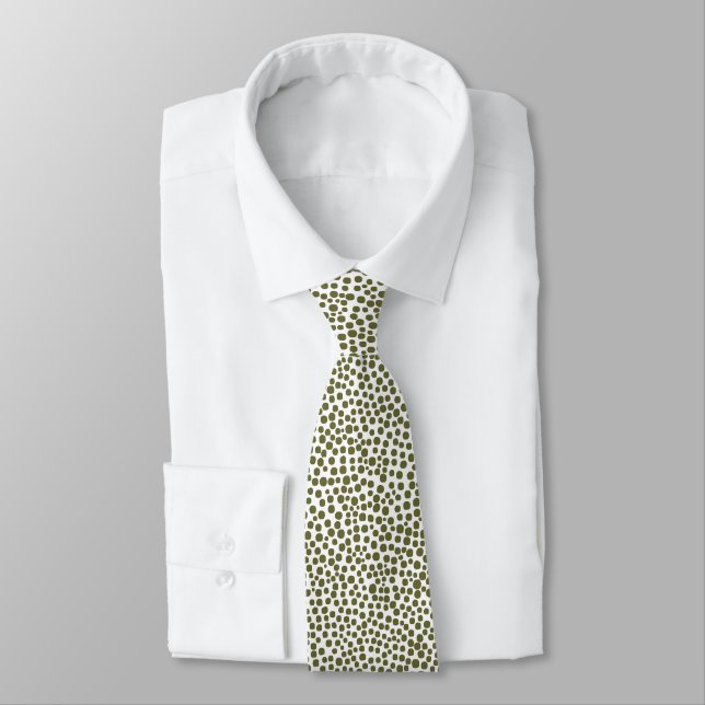 Random Spots - Deep Olive on White Neck Tie (Tied)