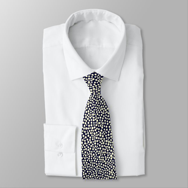 Random Spots - Pale Yellow on Dark Navy Neck Tie (Tied)
