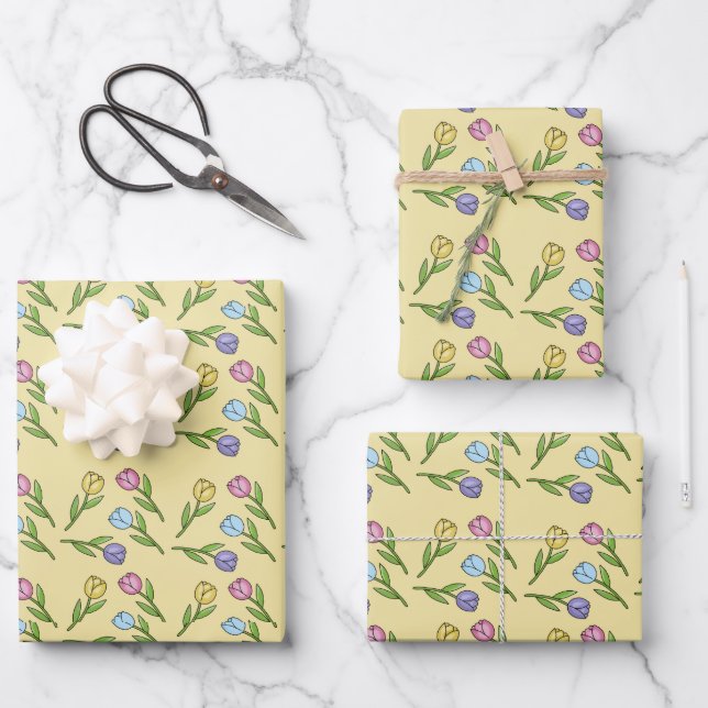 Random Spring Flowers Tulips Easter Wrapping Paper Sheets (Front)