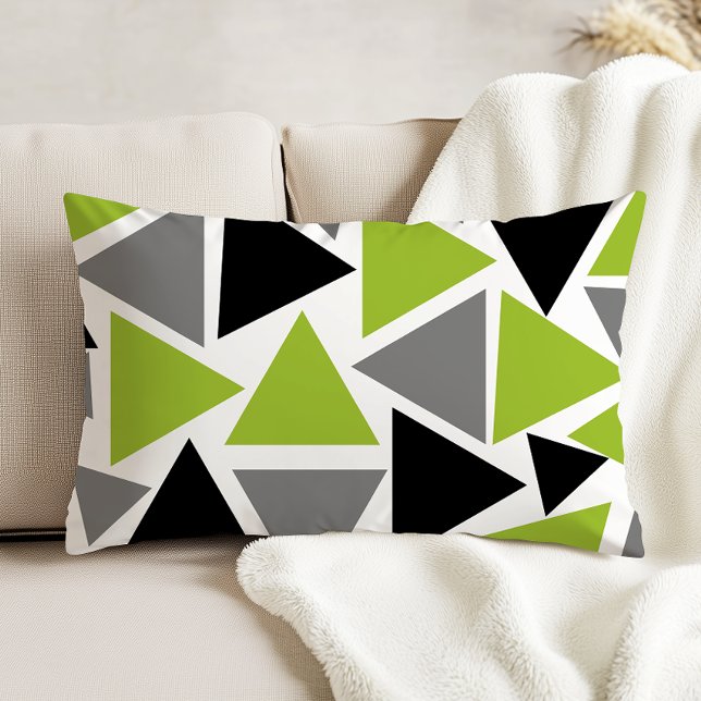 Random Triangles Lime Green Gray Black on White Accent Pillow (Creator Uploaded)
