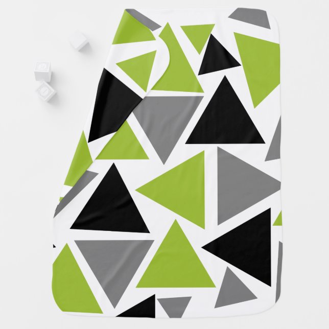 Random Triangles Lime Green Gray Black on White Baby Blanket (In Situ)