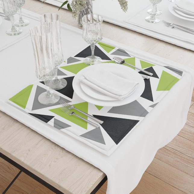 Random Triangles Lime Green Gray Black on White Cloth Placemat (Creator Uploaded)
