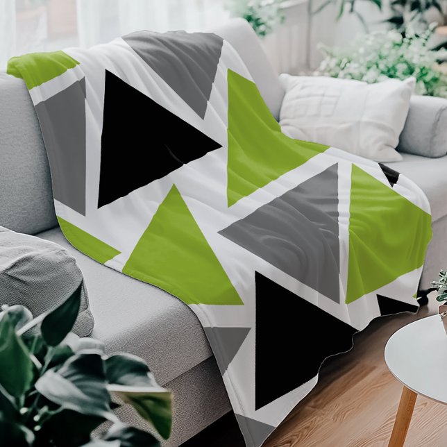 Random Triangles Lime Green Gray Black on White Fleece Blanket (Creator Uploaded)