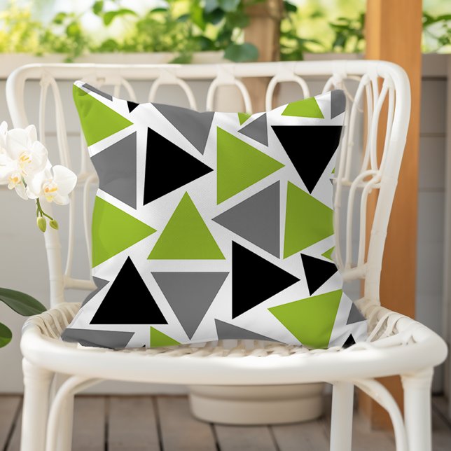 Random Triangles Lime Green Gray Black on White Outdoor Pillow (Creator Uploaded)