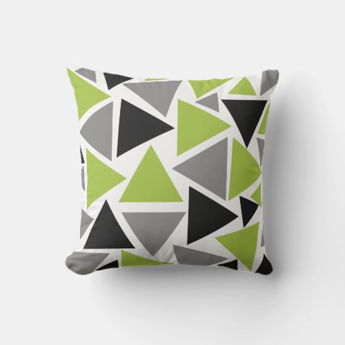 Random Triangles Lime Green Gray Black on White Outdoor Pillow