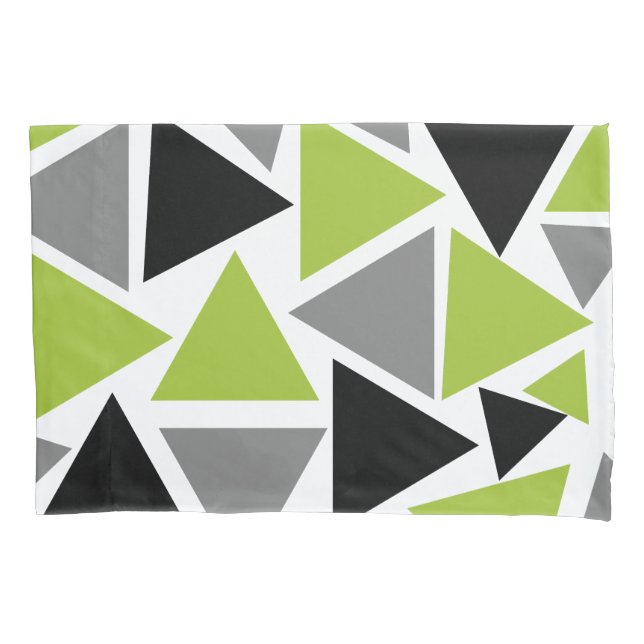 Random Triangles Lime Green Gray Black on White Pillow Case (Front)
