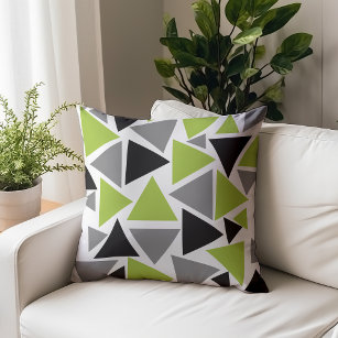 Random Triangles Lime Green Gray Black on White Throw Pillow