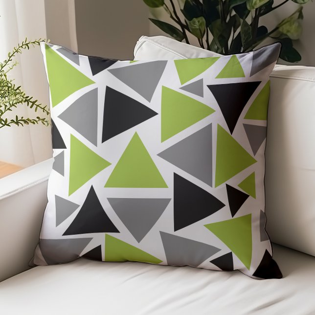 Random Triangles Lime Green Gray Black on White Throw Pillow (Creator Uploaded)