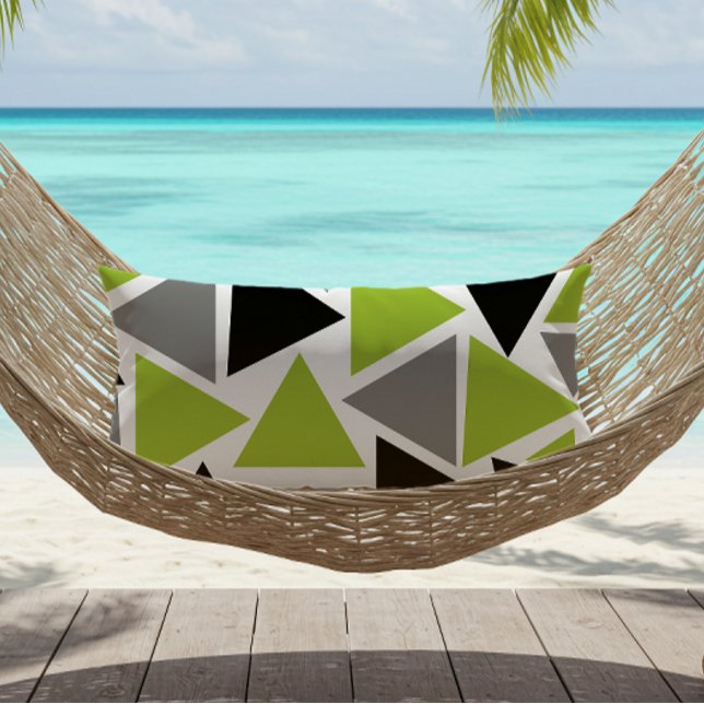 Random Triangles Lime Green Gray Black Outdoor Lumbar Pillow (Creator Uploaded)