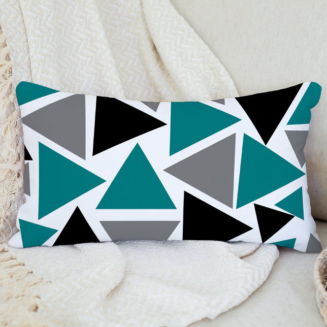 Random Triangles Teal Gray Black White Lumbar Pillow (Creator Uploaded)