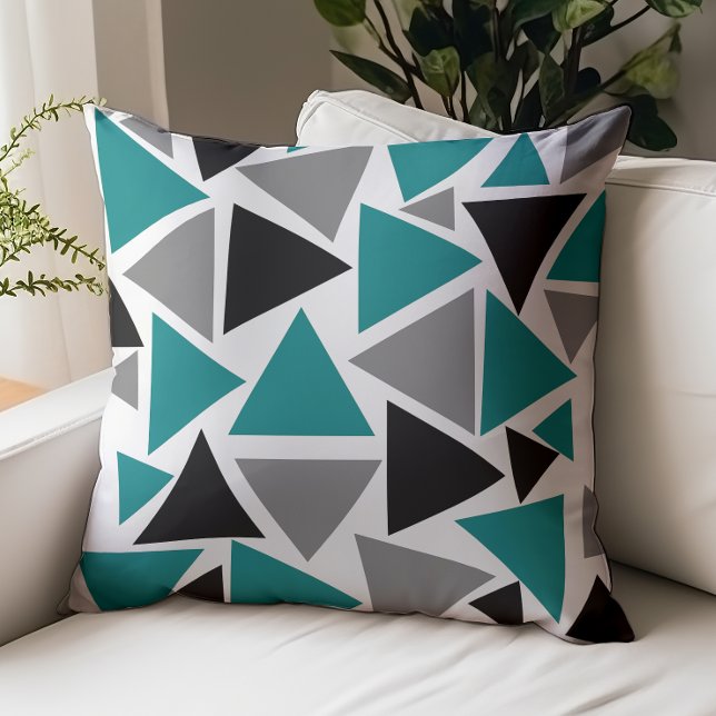 Random Triangles Teal Gray Black White Throw Pillow (Creator Uploaded)