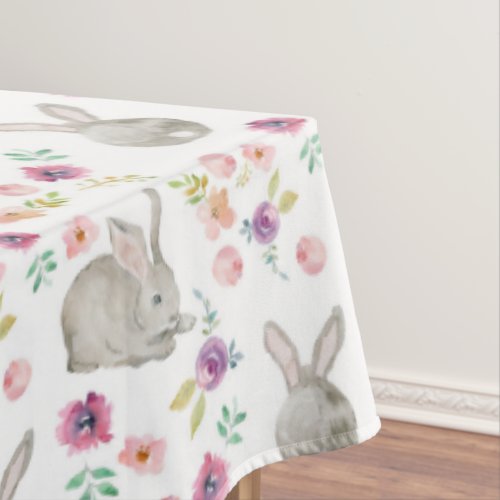 Random Watercolor Painted Floral Easter Bunnies Tablecloth