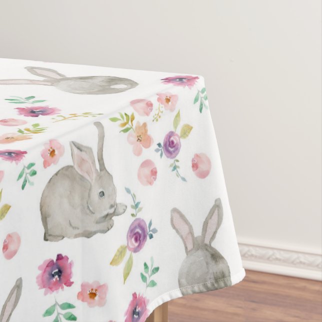 Random Watercolor Painted Floral Easter Bunnies Tablecloth (In Situ)
