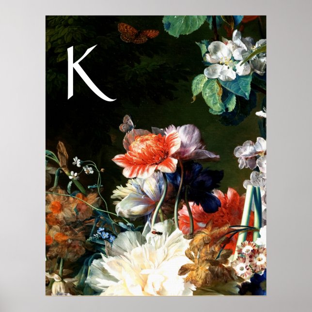 RANEMONES,FLOWERS,BUTTERFLY BLACK FLORAL Monogram Poster (Front)
