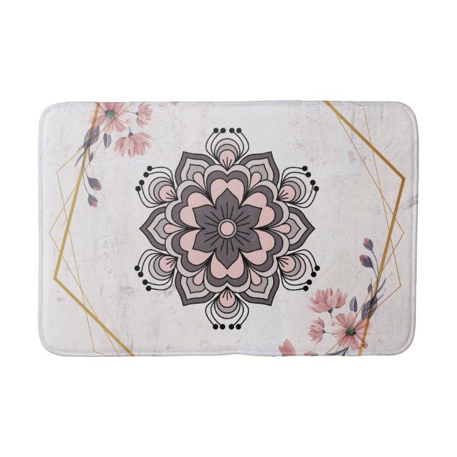 Rangoli Floral Art, Pink and Grey Calming Harmony Bath Mat (Front)