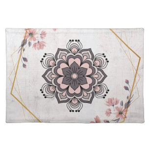 Rangoli Floral Art, Pink and Grey Mandala Design Cloth Placemat