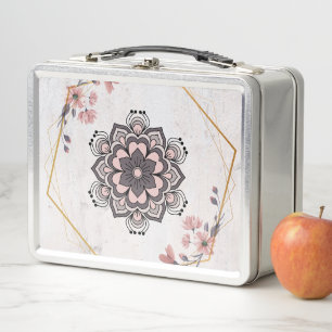 Rangoli Floral Art, Pink and Grey Mandala Pattern Metal Lunch Box