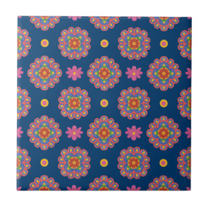Rangoli, Flowers and Polka Dots, Blue Ceramic Tile