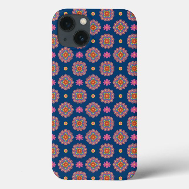 Rangoli Flowers and Polka Dots on Blue iPad Case (Back)
