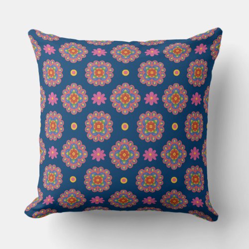 Rangoli Flowers and Polka Dots on Blue Pillow